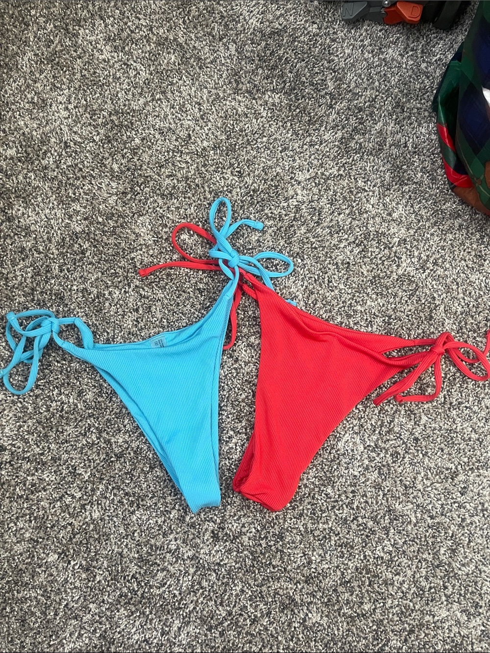Ribbed Tie-Side Bikini Bottoms in Bright Blue and Red